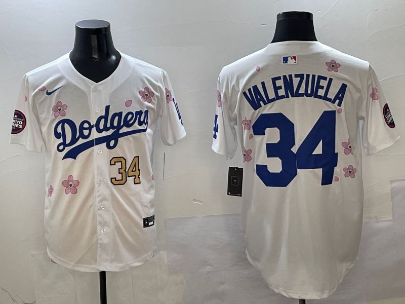 Men Los Angeles Dodgers 34 Valenzuela White Sakura Edition 2025 Nike MLB Jersey style 2
